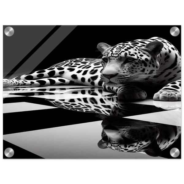 Leopard Acrylic Print on Black and White Checkered Floor – Glossy Finish Wall Art