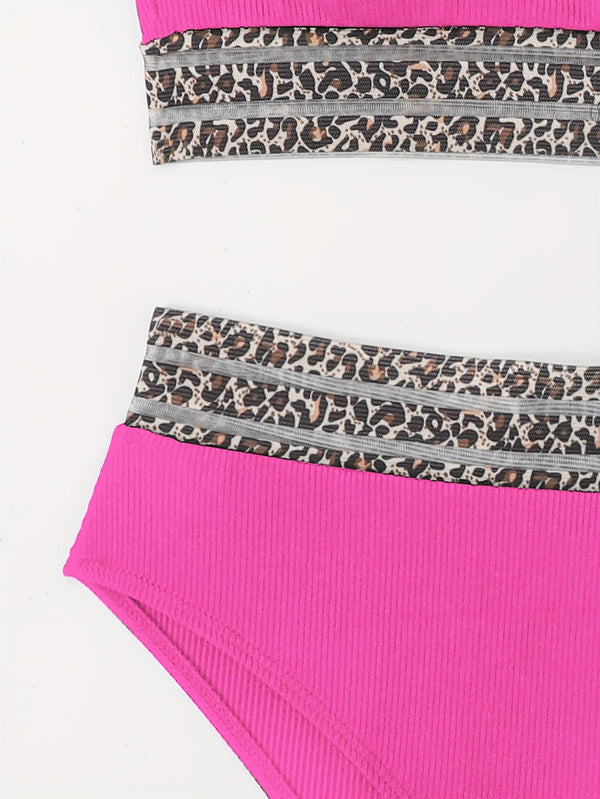 Bikini Leopard Print High Waist Bandeau 2 Piece Swimsuit for Women – Super Stretchy Bikini Set with Seductive Mesh Detail and Flattering Fit – Chic Animal Print Swimwear for Beachwear Poolside and Summer Vacations