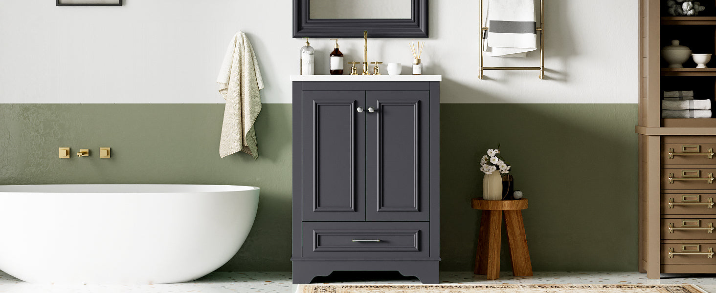 Bathroom Vanity with Ceramic Sink and Modern Freestanding Storage Cabinet, Soft-Close Doors