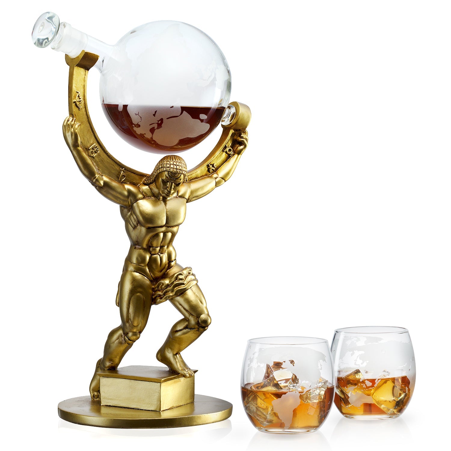 Atlas Bronze World Globe Whiskey Decanter Set - 15