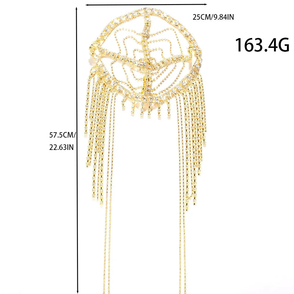 New Tassel Hair Chain Bridal Headpiece for Women Rave Accessories Stage Rhinestone Geometric Head Chain Hat Jewelry Gifts