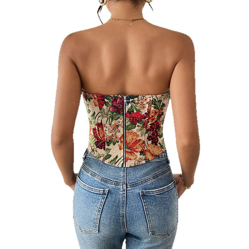 Retro strapless floral print slim fit new lace up chest hugging niche vest