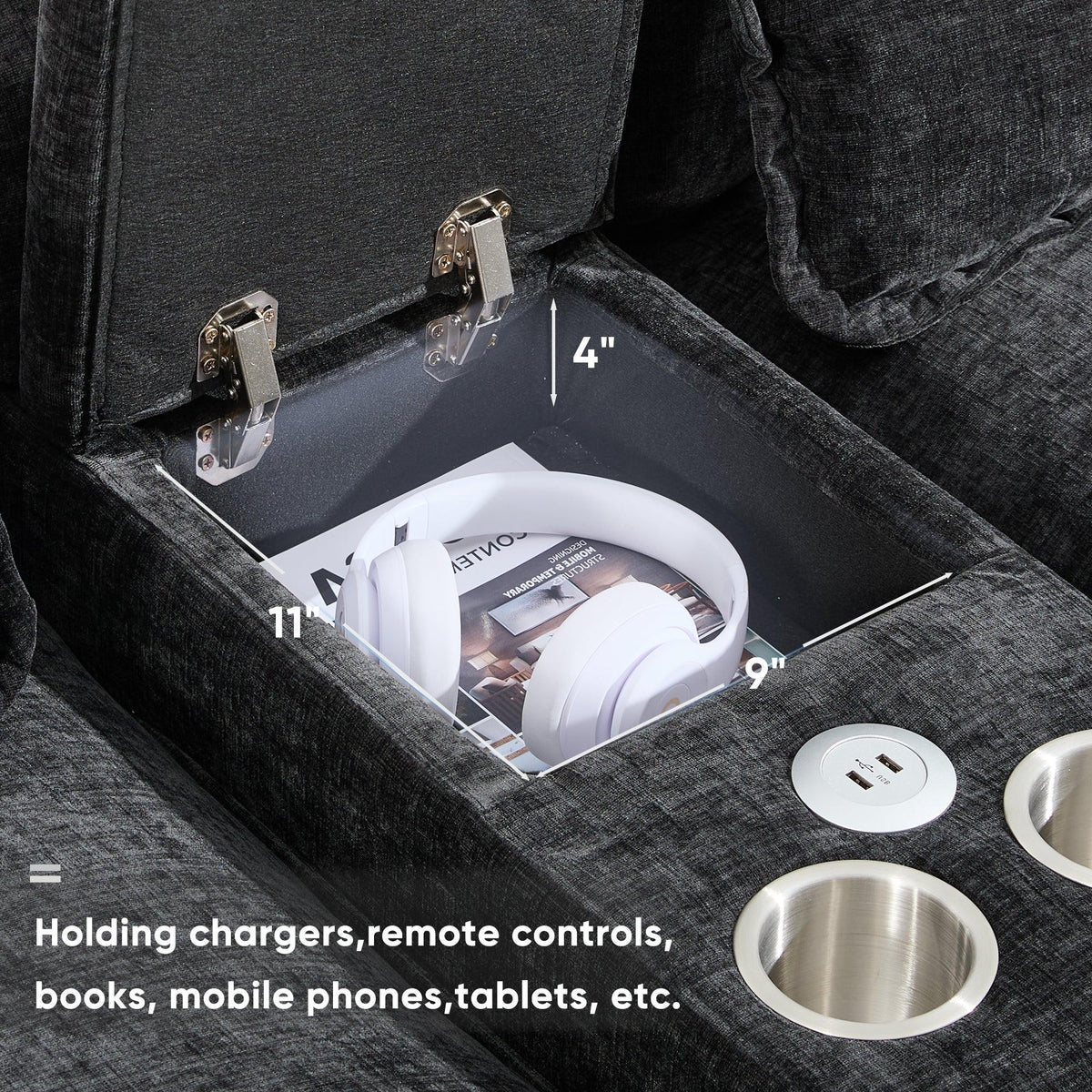 Modern U-Shaped Sectional Sofa with Console, Cup Holders and USB Charger