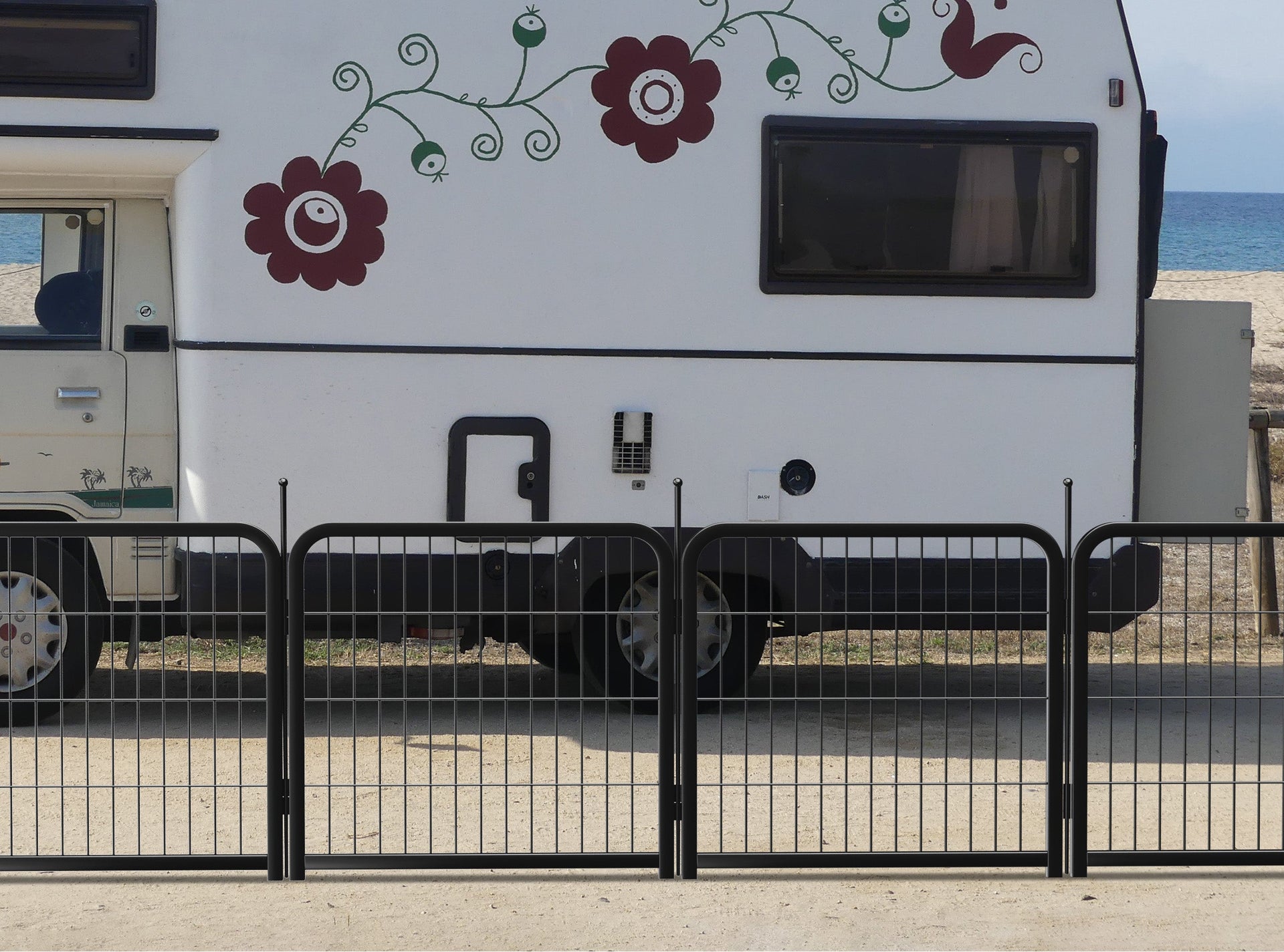 Outdoor 12 piece dog fence, 24 inch portable indoor game fence for small dog pets. Black, 22.2 inches wide x 23.6 inches high.