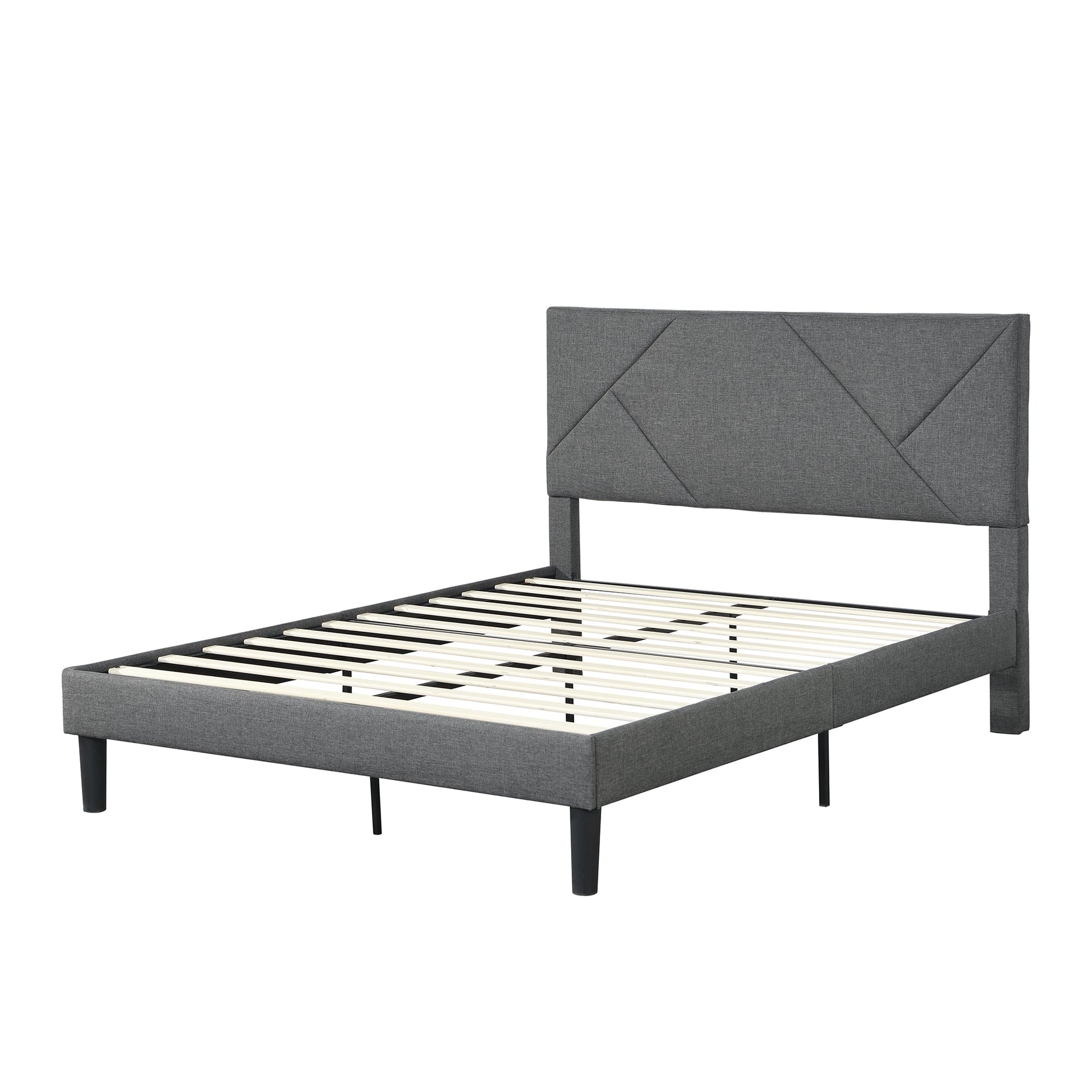 Queen Size Upholstered Platform Bed Frame Wood Slat Support Grey