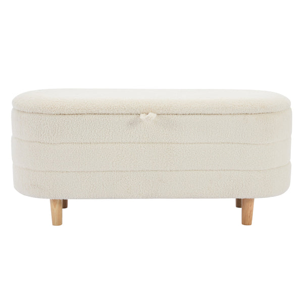 Elegant Upholstered Sherpa Fabric Storage Ottoman with Wood Legs, Storage Bench for Bedroom, Living Room, White