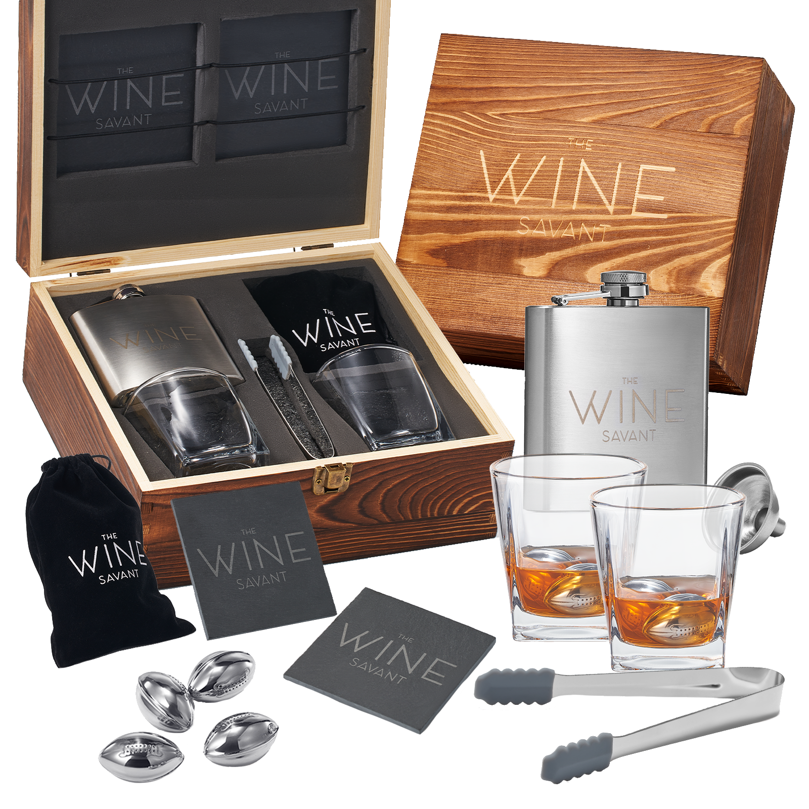Whiskey Glasses And Football Chilling Stones Gift Set, 2 Whiskey Glasses, 8 Stainless Steel Whiskey Footballs, Coasters, Special Tongs & Freezer Pouch