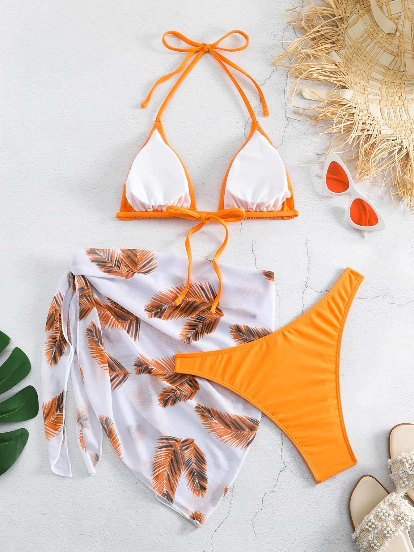 Feather Luxe 3-Piece Bikini Set – Exotic Feather Print Halter Neck Backless Swimsuit with High Cut Tie Back Bottoms and Wrap Cover-Up – Women’s High-Stretch Comfortable Swimwear for Summer Beach & Pool Vacations
