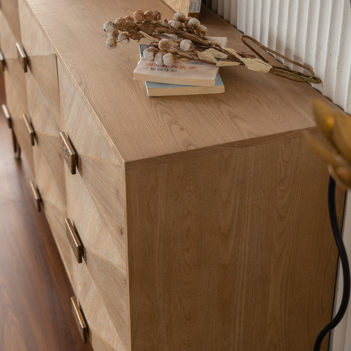 Natural Wood Sideboard Buffet Cabinet with Geometric Doors & Gold Legs