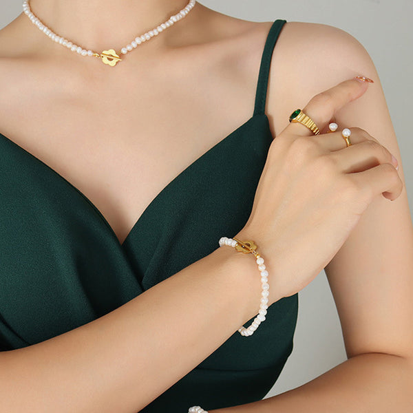 Gold Flower Pearl Chain Bracelet