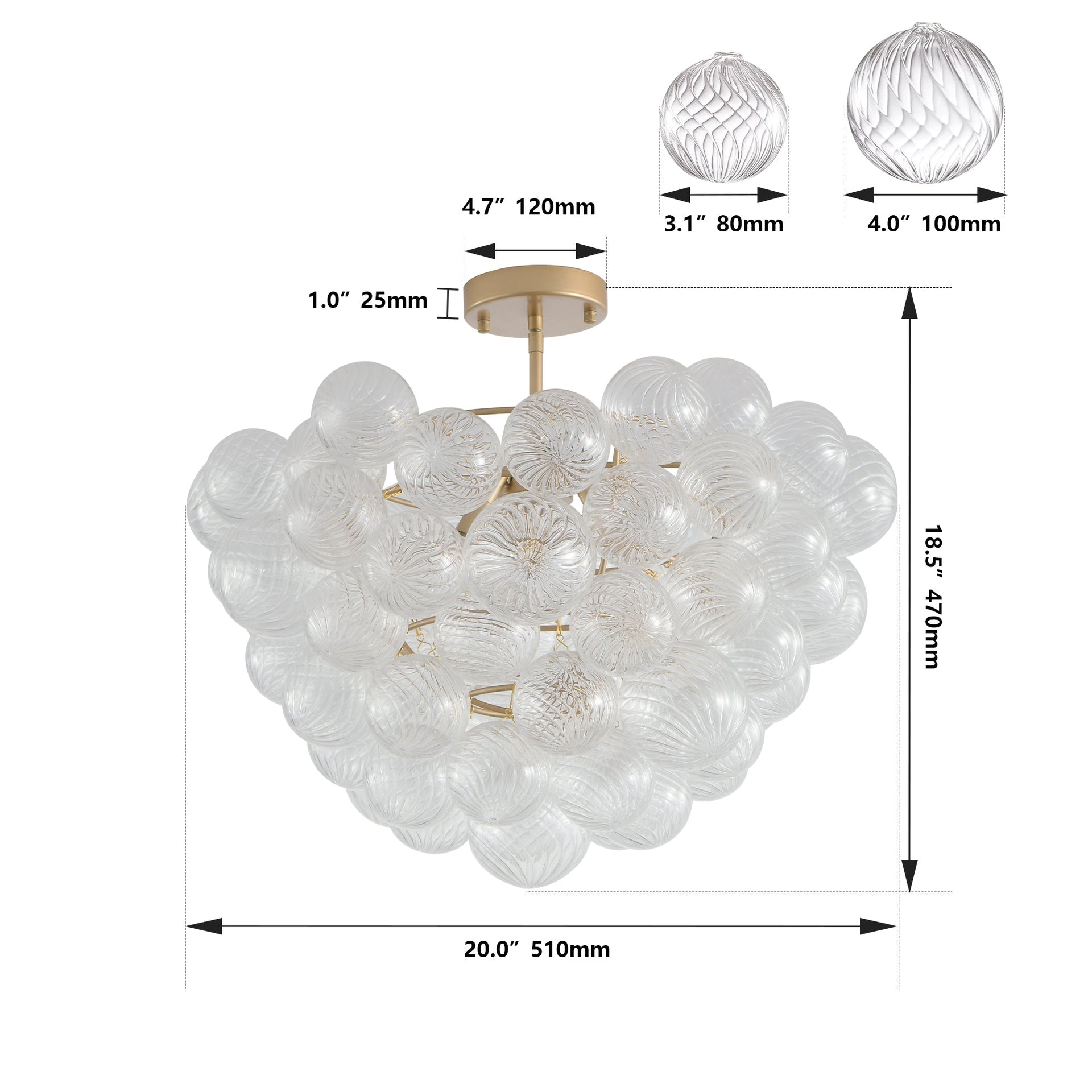 Gold Pendant Chandelier with Threaded Clear Glass Globe Shade for Living, Dining & Kitchen