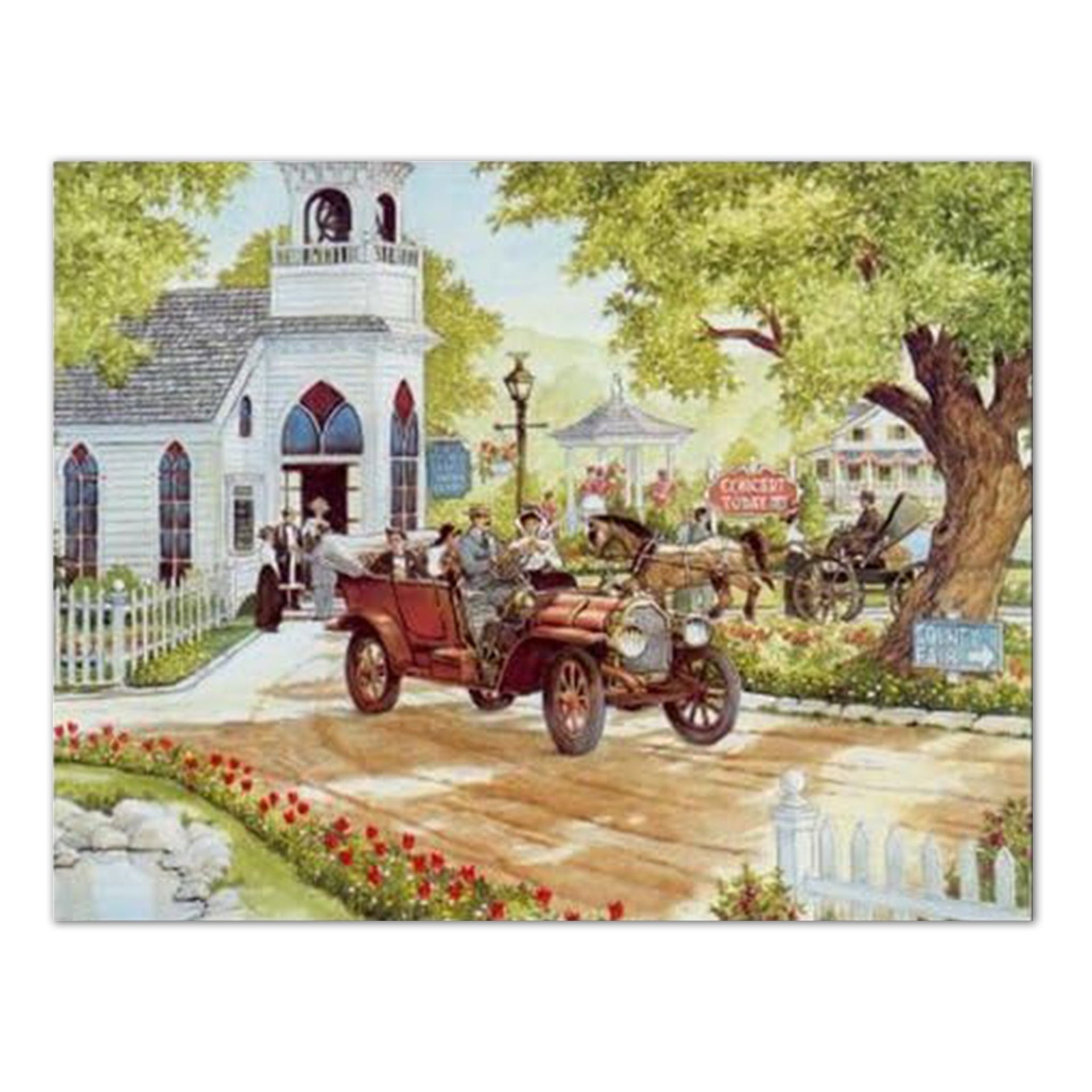 Country Church Wall Art – Rustic Folk Landscape 16x20 Art Print with Flower Car