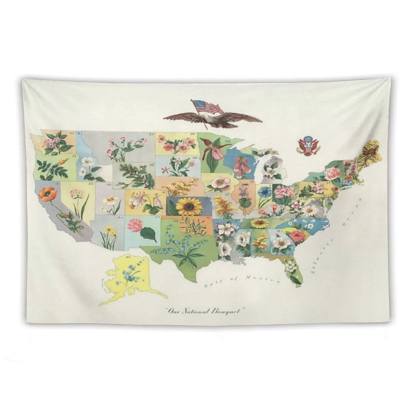 Vintage US State Flower Map Tapestry
