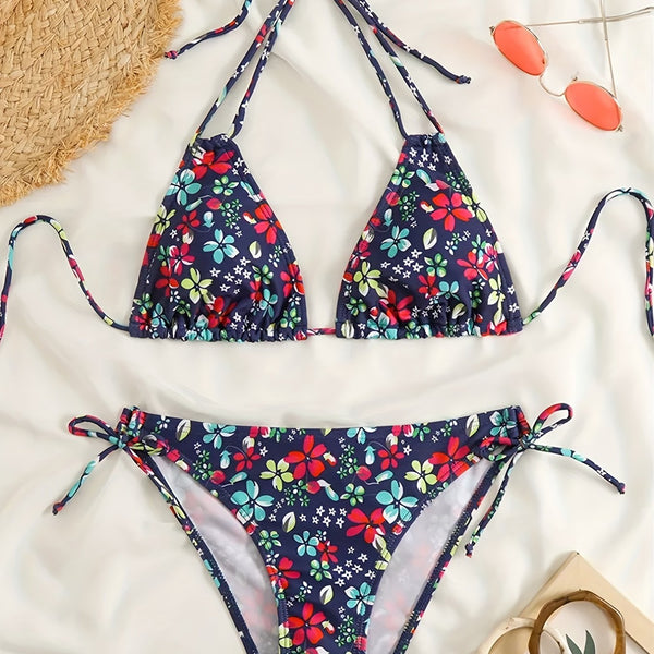 Sunset Bloom 2-Piece Triangle Bikini Set for Women – Vibrant Random Floral Print Halter Neck Swimsuit with Tie-Back Tie-Side Bottoms & High Cut Legs – Women's High-Stretch Swimwear for Summer Beach Escapes