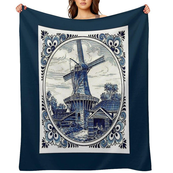 DUTCH BLUE DELFT  Vintage Windmill  Print Throw Blanket
