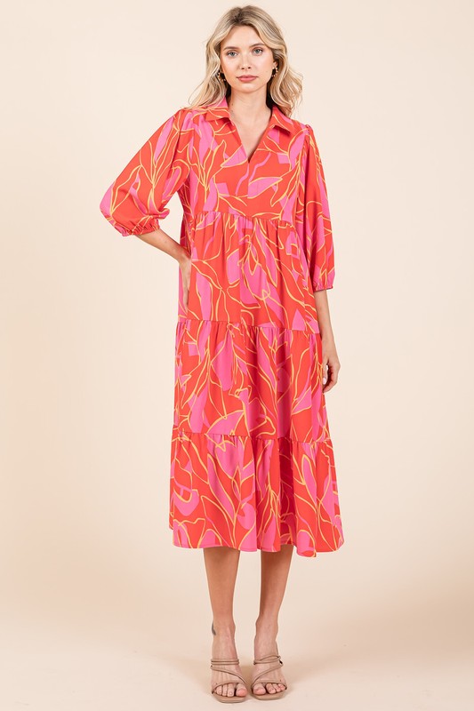 New Summer Tiered Printed Collared Neck Midi Dress For Women – Elegant and Versatile Dress with a Polished, Feminine Flair