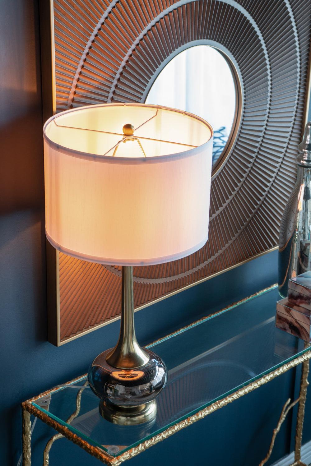 Modern Glass Table Lamp with Gold Accents & White Drum Shade