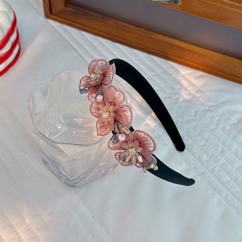 Handmade Fashion Embroidered Crystal Flower Hair Hoops for Women