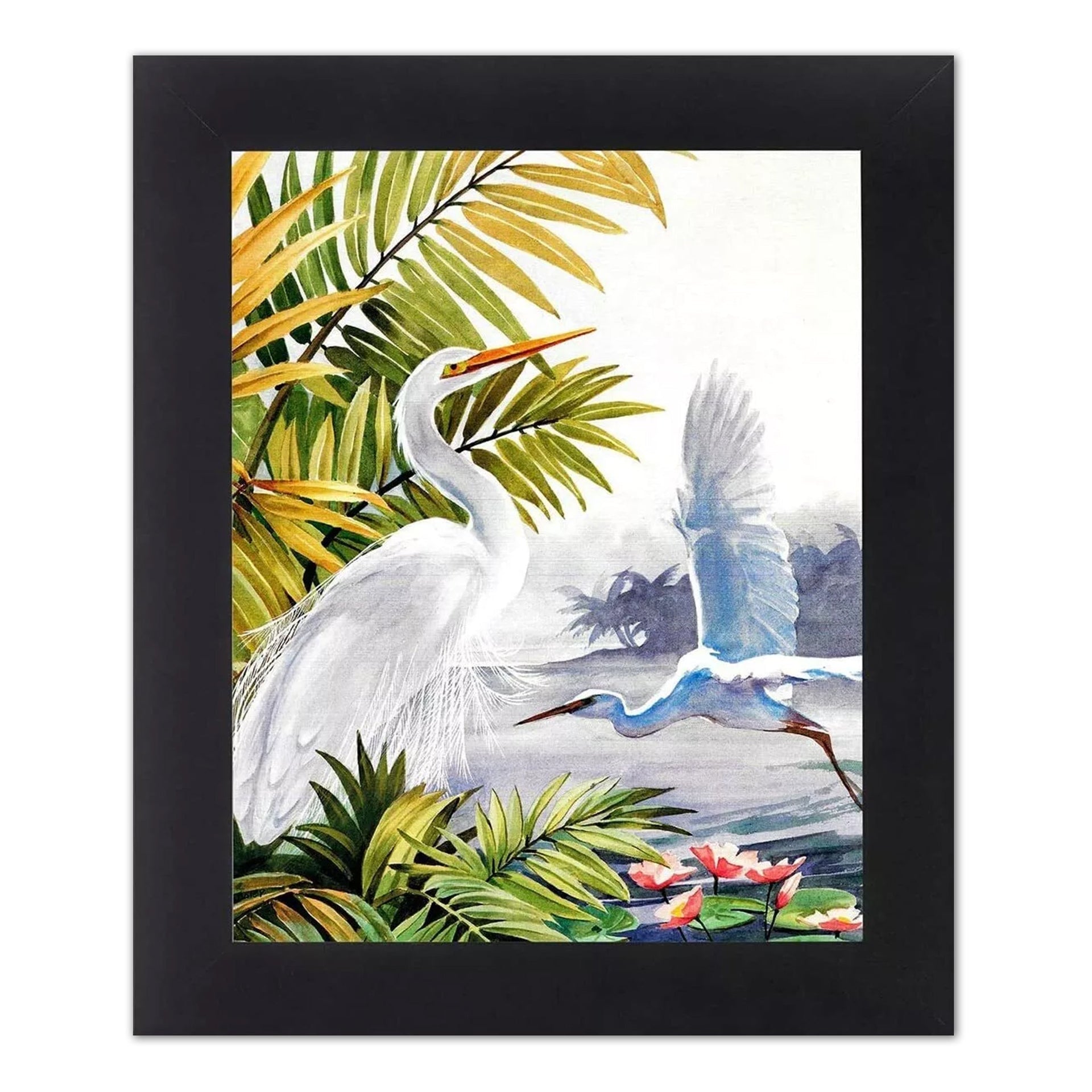Egret Bird Art Print – Tropical Wildlife Beach Landscape 8x10 Framed Wall Decor
