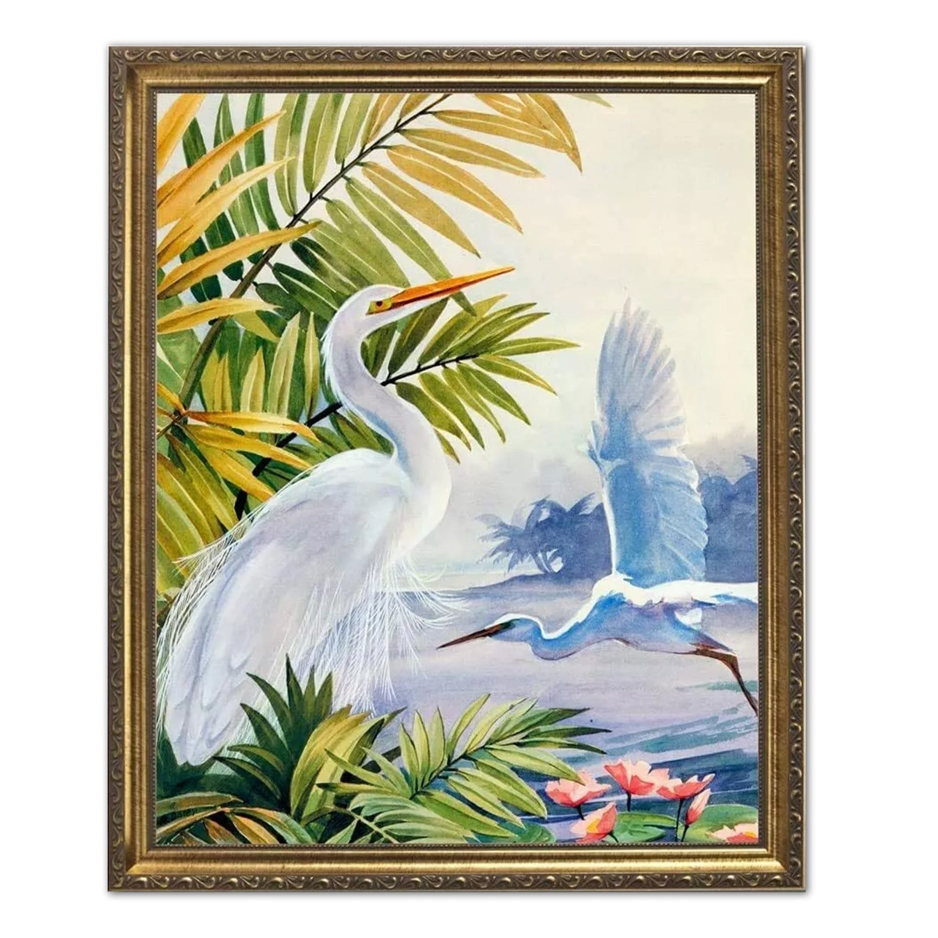 Egret Bird Art Print – Tropical Wildlife Beach Landscape 8x10 Framed Wall Decor