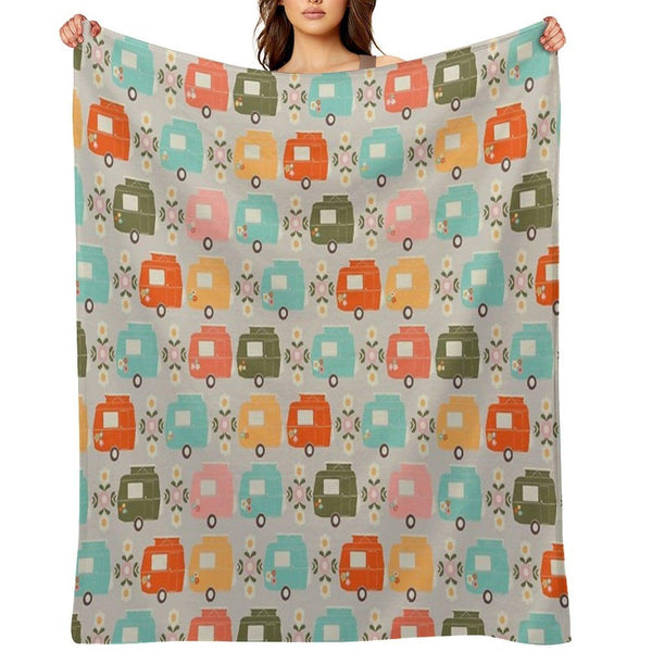 Colourful Vintage Caravans And Daisies Throw Blanket