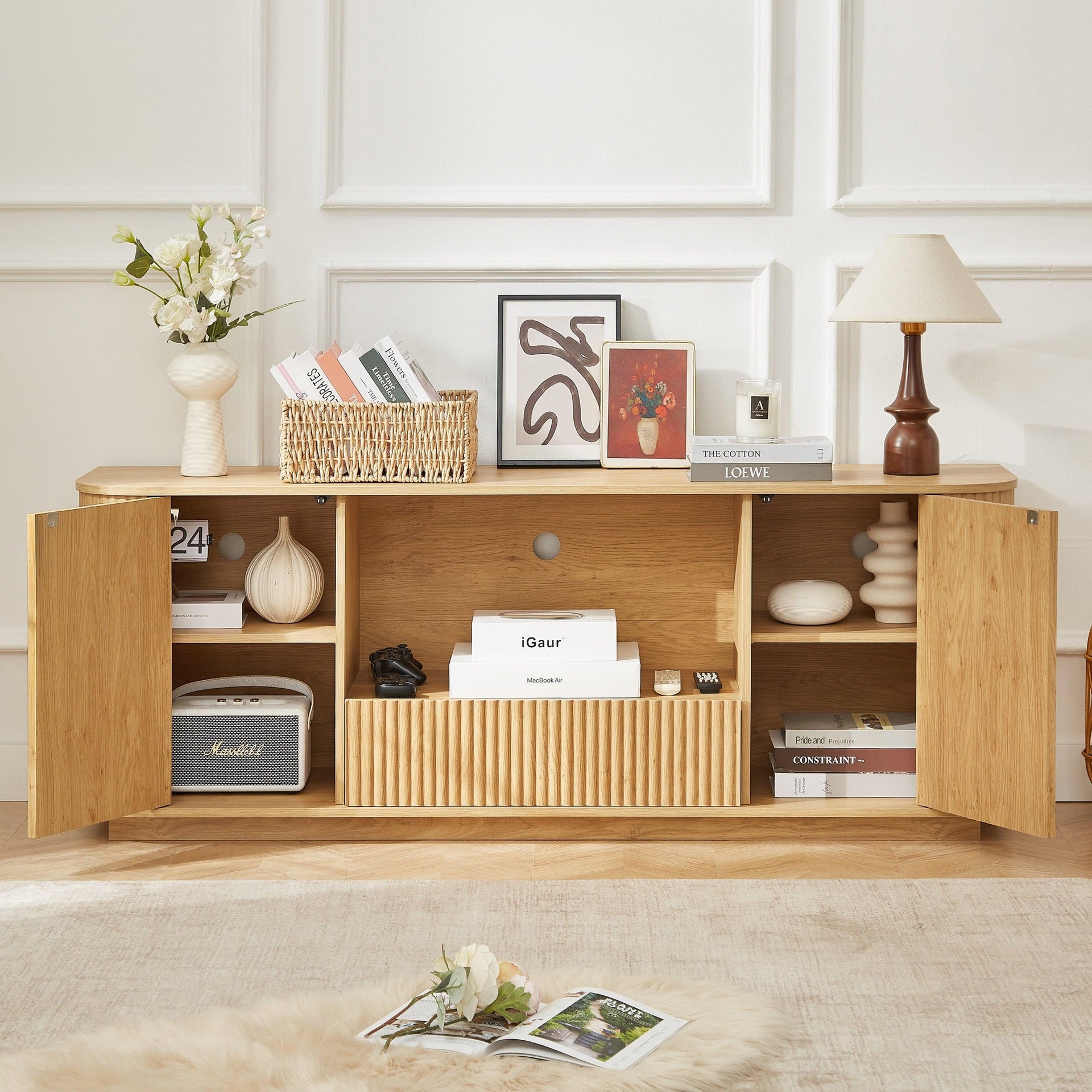 Ripple Modern TV Console – Soft Curves, Natural Wood Look