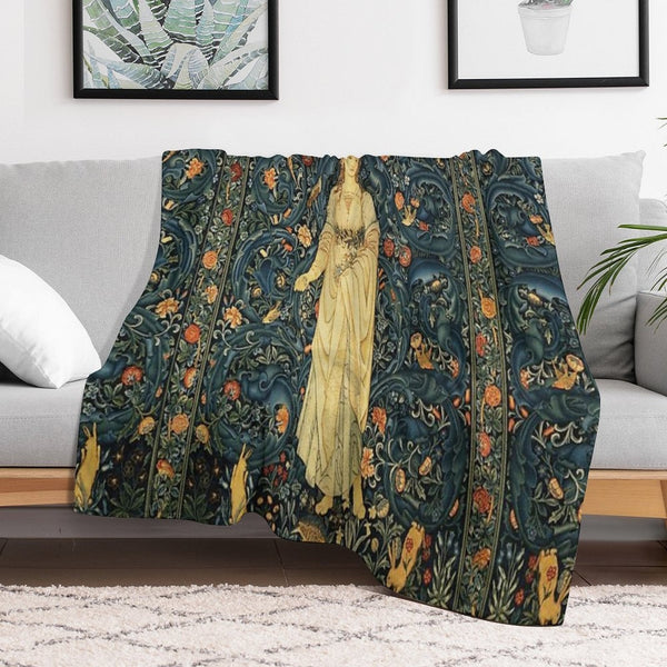 LADY FLORA, GREENERY, FOREST ANIMALS ,PHEASANT BIRDS ,RABBITS Blue Green Floral Tapestry Easy Care Throw Blanket