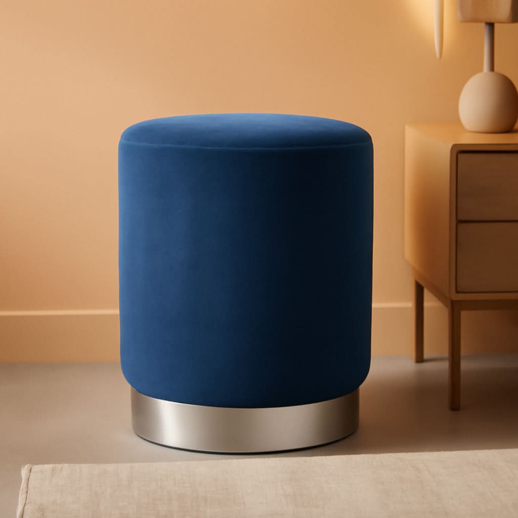 Sleek Round Ottoman Foot Stool Blue Memory Foam Padding