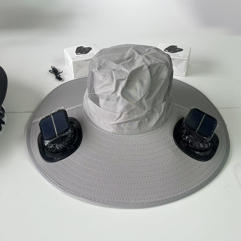 Solar fan hat: wide - brim bucket hat with 2 solar fans, men’s summer cap for outdoor fishing, camping, hiking.