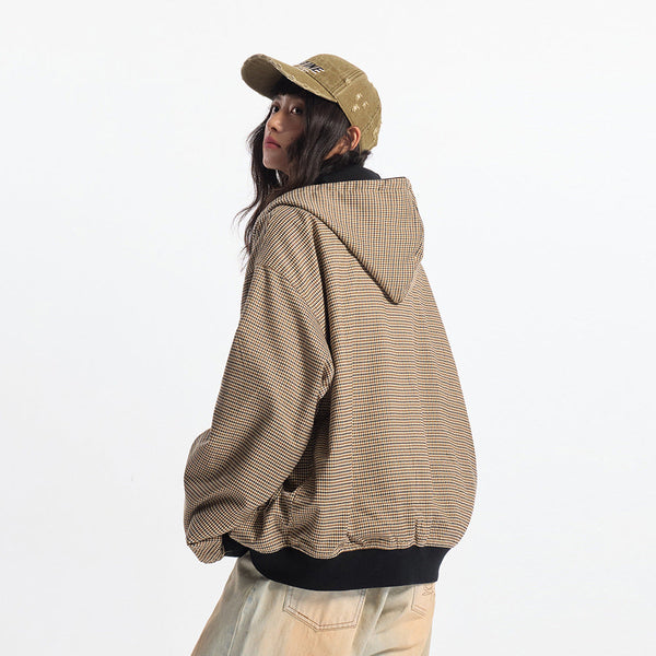 Double-sided Wear Hooded Cardigan Unisex Spring and Autumn Casual Loose Fit Plaid Short Jacket Two-Way Wearing