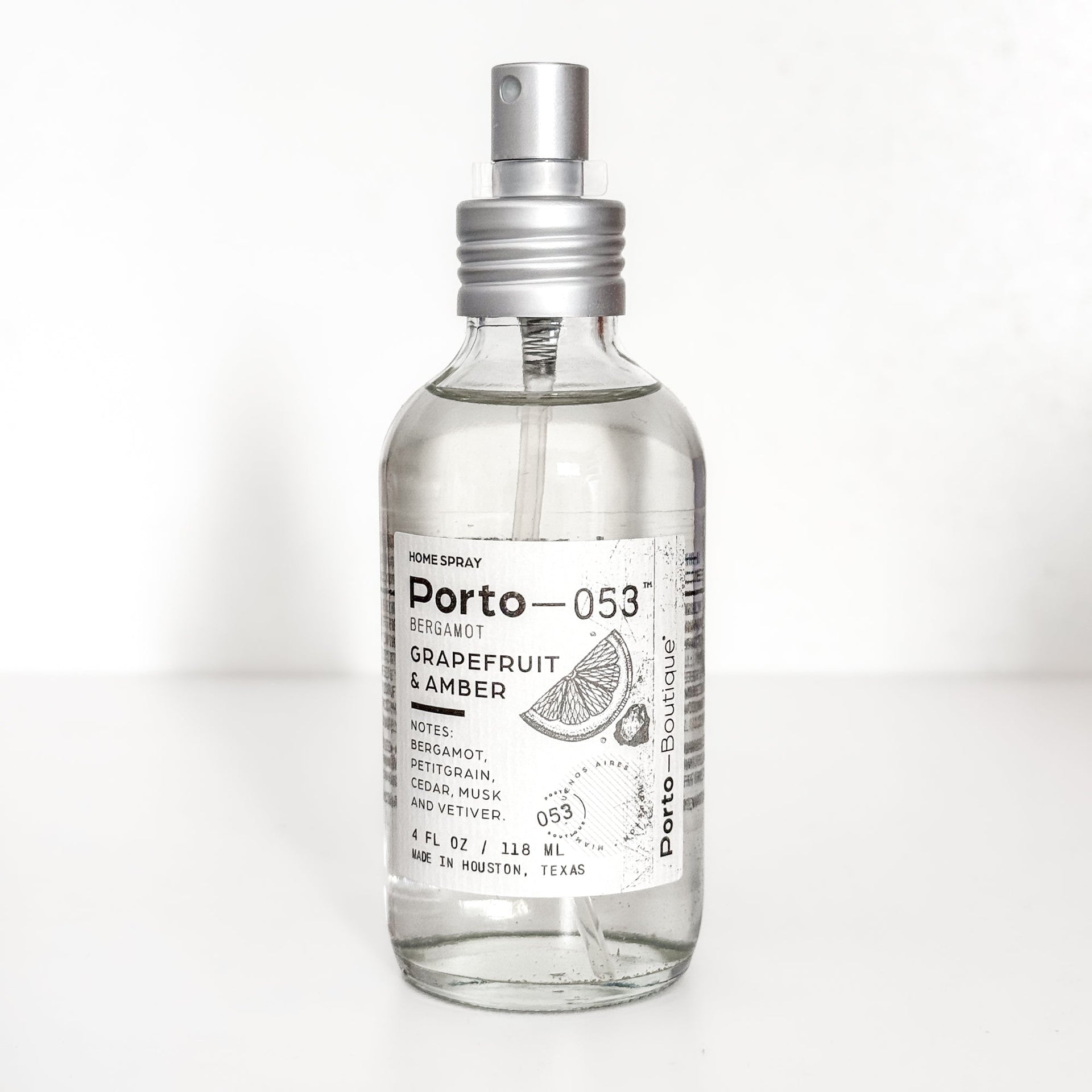 Porto-053 Room Spray – Linen & Fabric Freshener – High Fragrance Concentration – Vegan & Handmade in USA – 4 oz Clear Glass Bottle with decorative box