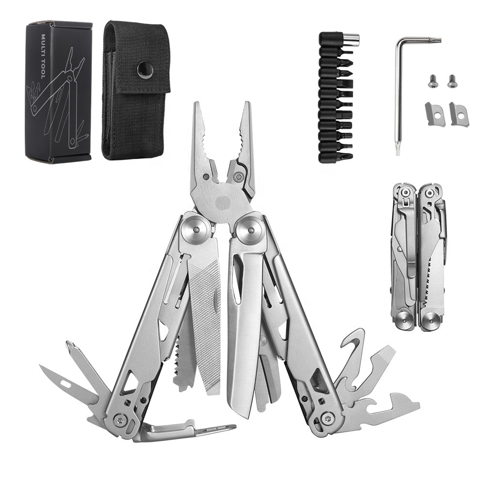 18 in 1 Silvery Outdoor Multitool Pliers Stainless Steel Folding Full Locking Combination Camping Multitool Pliers With Bits Driver Wautton Outdoor Gear