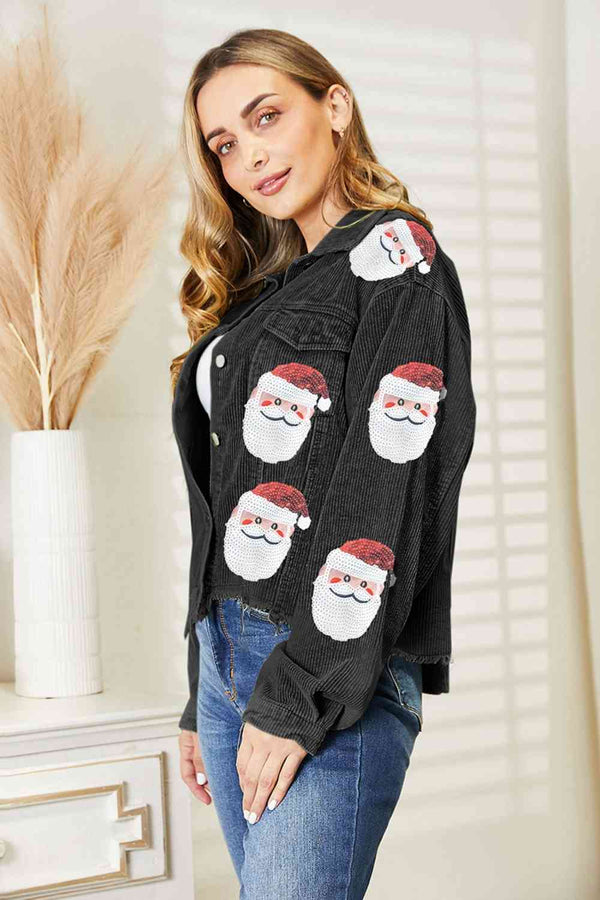 Red Santa Sequin Raw Hem Jacket Festive Buttoned Jacket Charming Winter Women Jacket