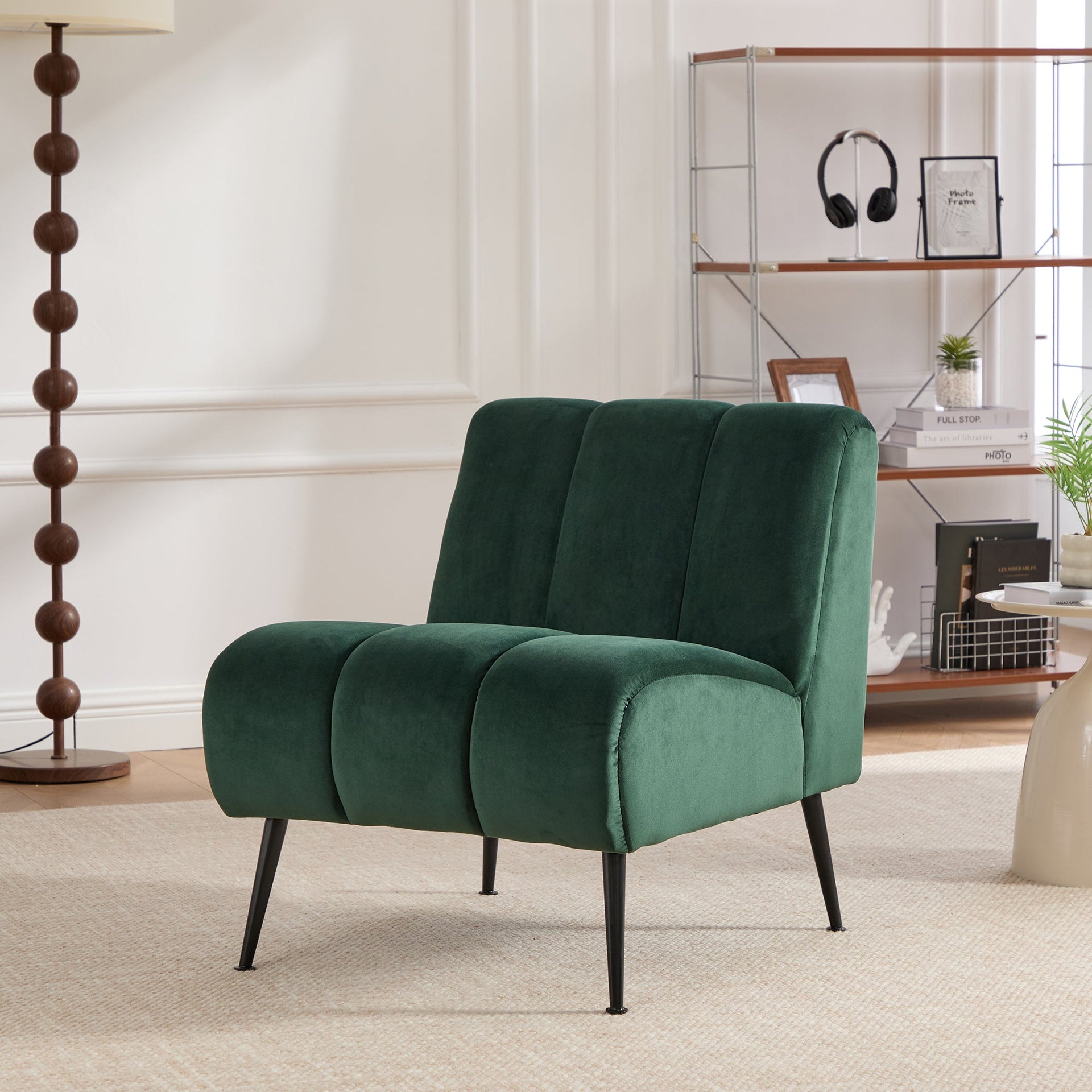 Modern Green Velvet Armless Accent Chair with Black Metal Legs