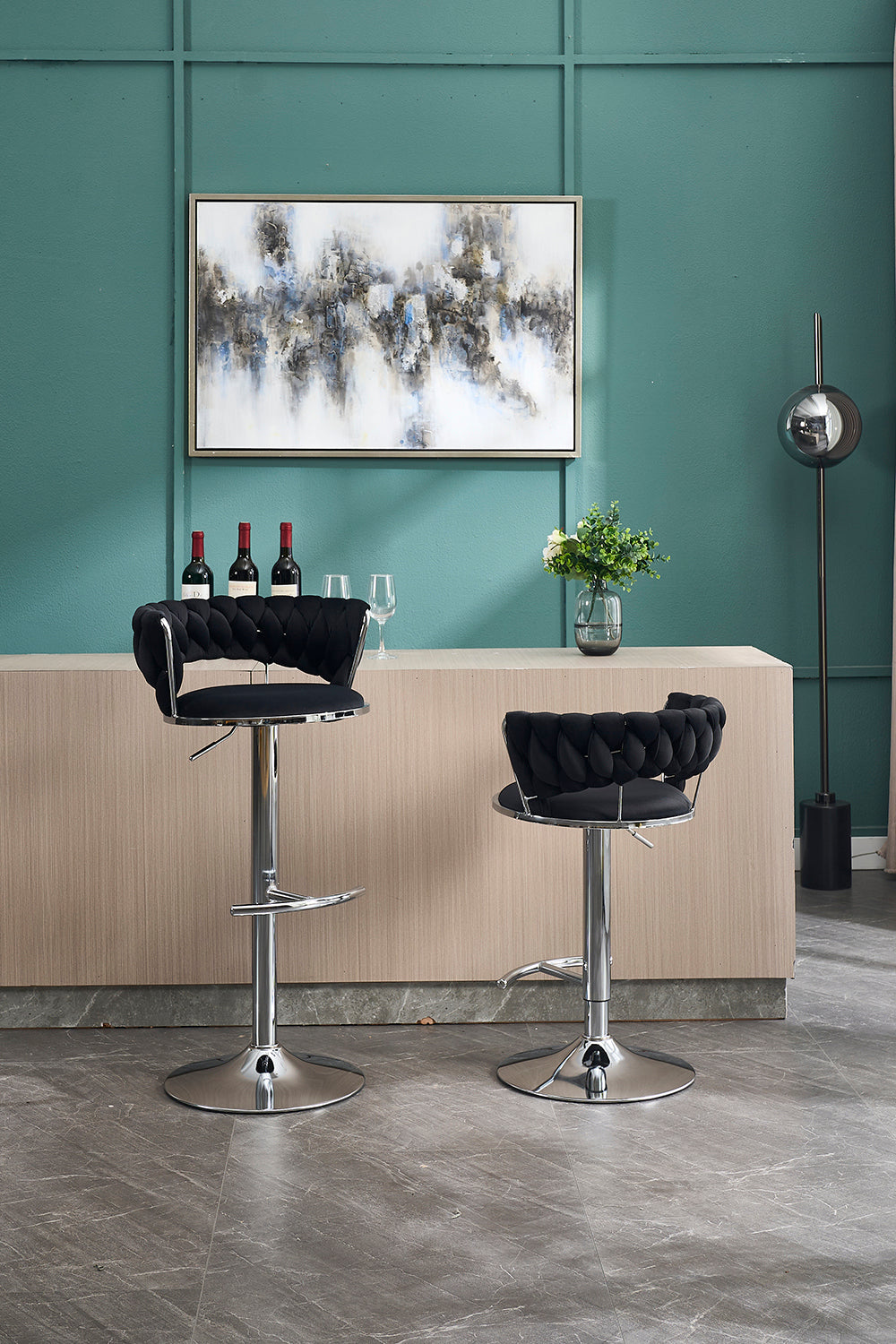 Set of 2 Bar Stools with Chrome Footrest & Base Swivel Height Adjustable Velvet