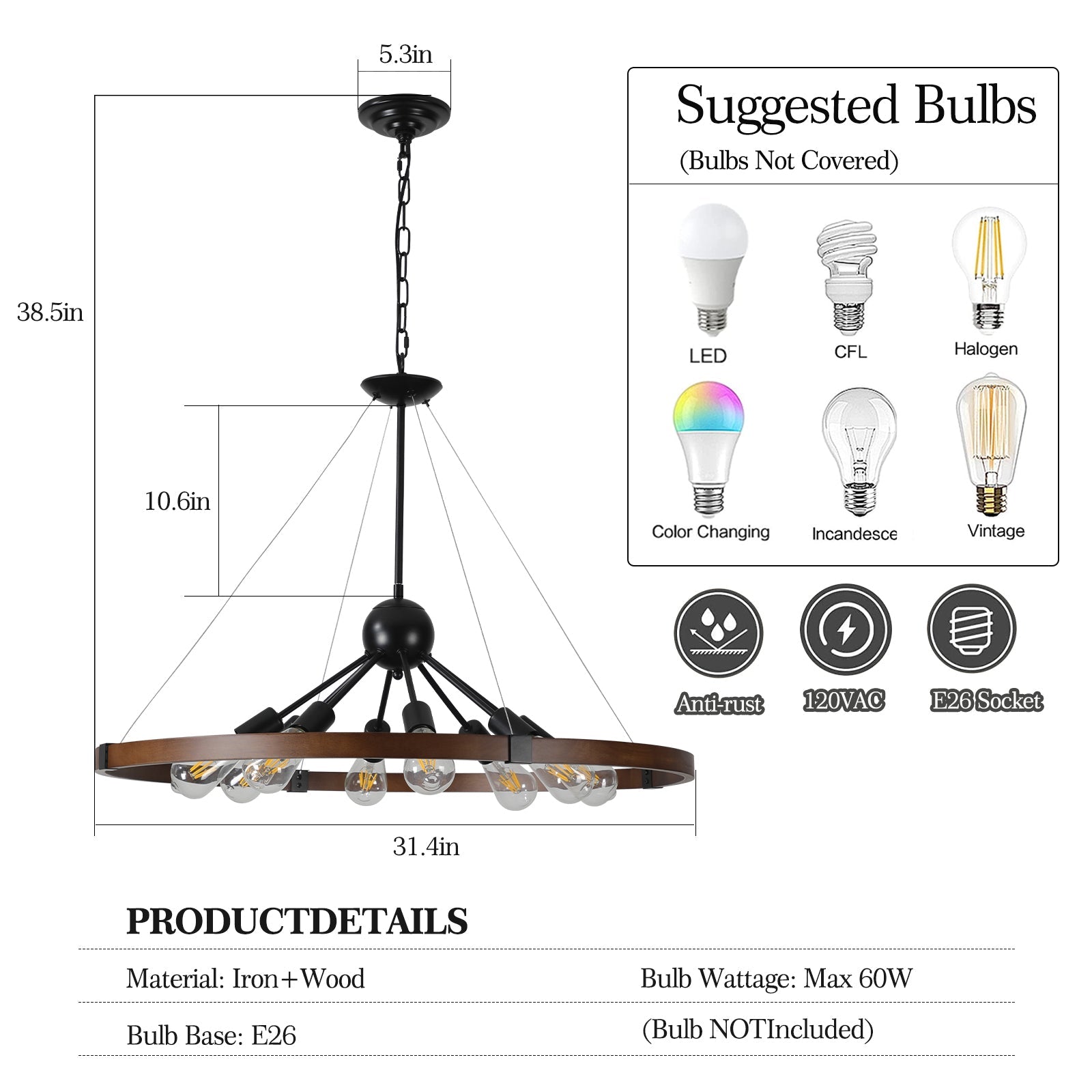 (Same as W1340111208/L1012) 8-Light Retro Farmhouse Chandelier For Kitchen, Living room, Dining room Red and Walnut(No Bulbs)