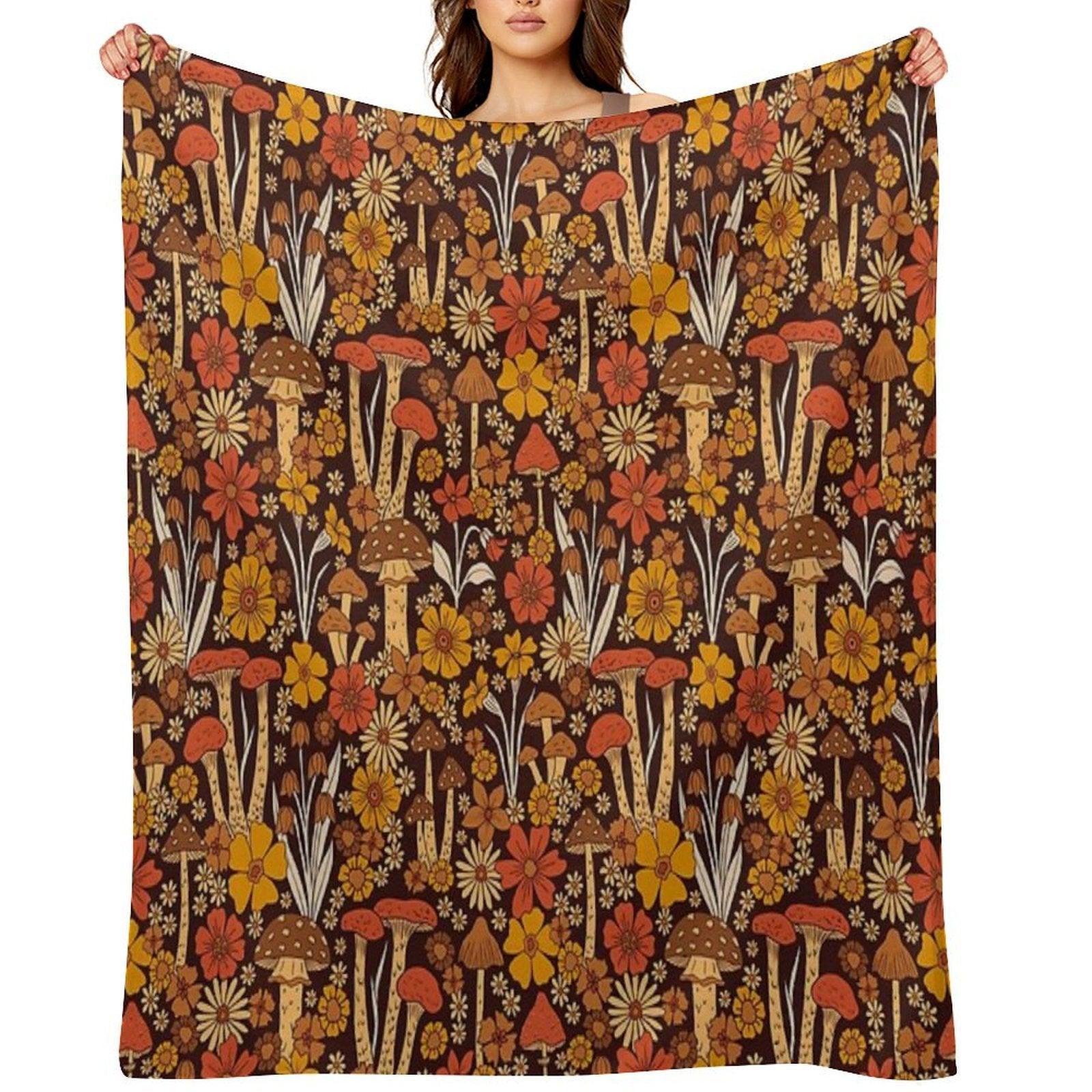 Retro 1970s Brown & Orange Mushrooms & Flowers Throw Blanket