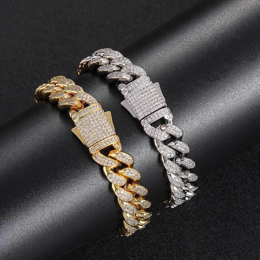 European Hip Hop Ornament 12mm Spring Fastener Double Row Zircon Necklace Bracelet