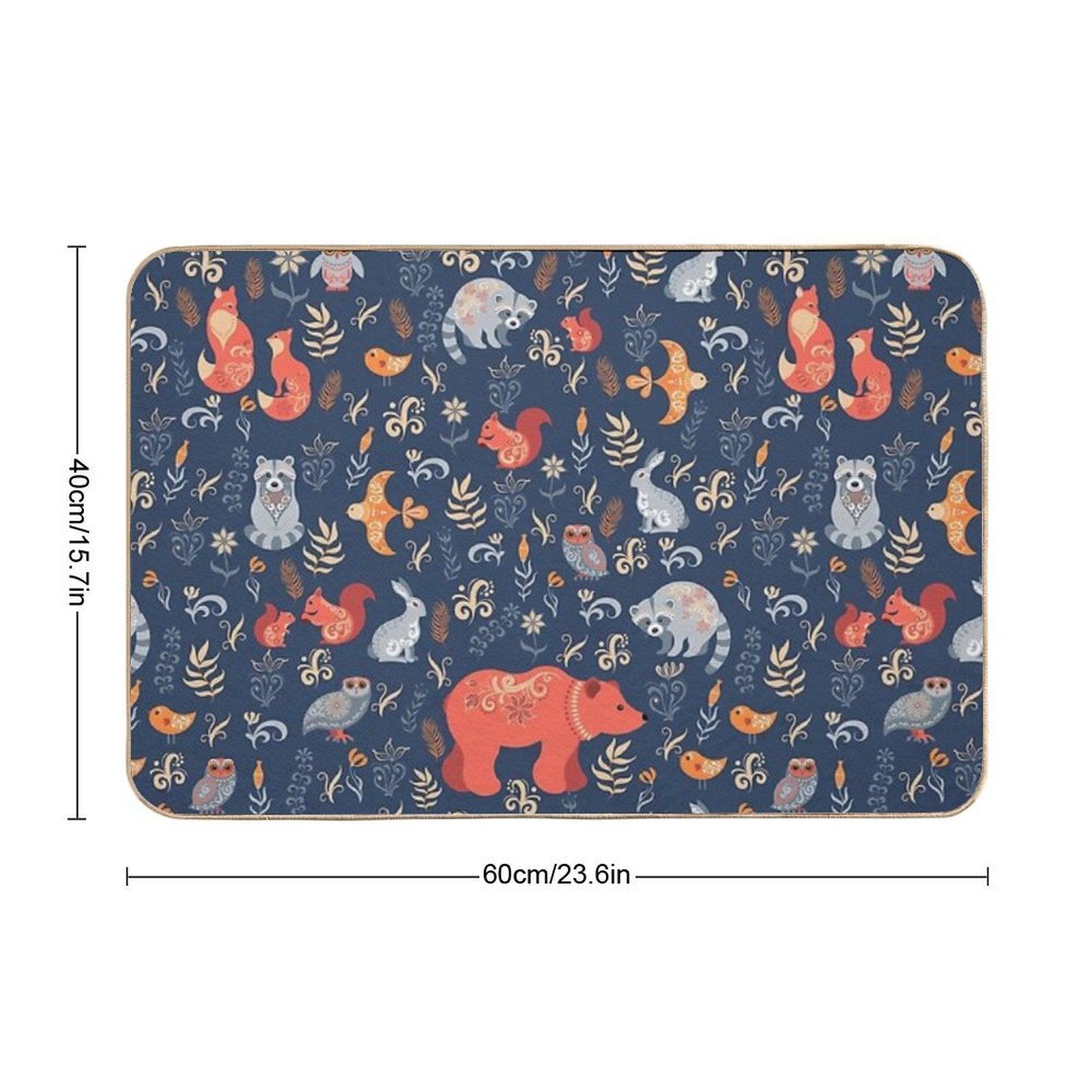 Fairy-tale Forest. Fox, Bear, Raccoon, Owls, Rabbits, Flowers And Herbs on A Blue Background.  Stain-Proof Bath Mat