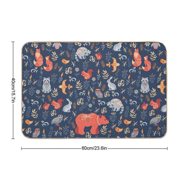 Fairy-tale Forest. Fox, Bear, Raccoon, Owls, Rabbits, Flowers And Herbs on A Blue Background.  Stain-Proof Bath Mat