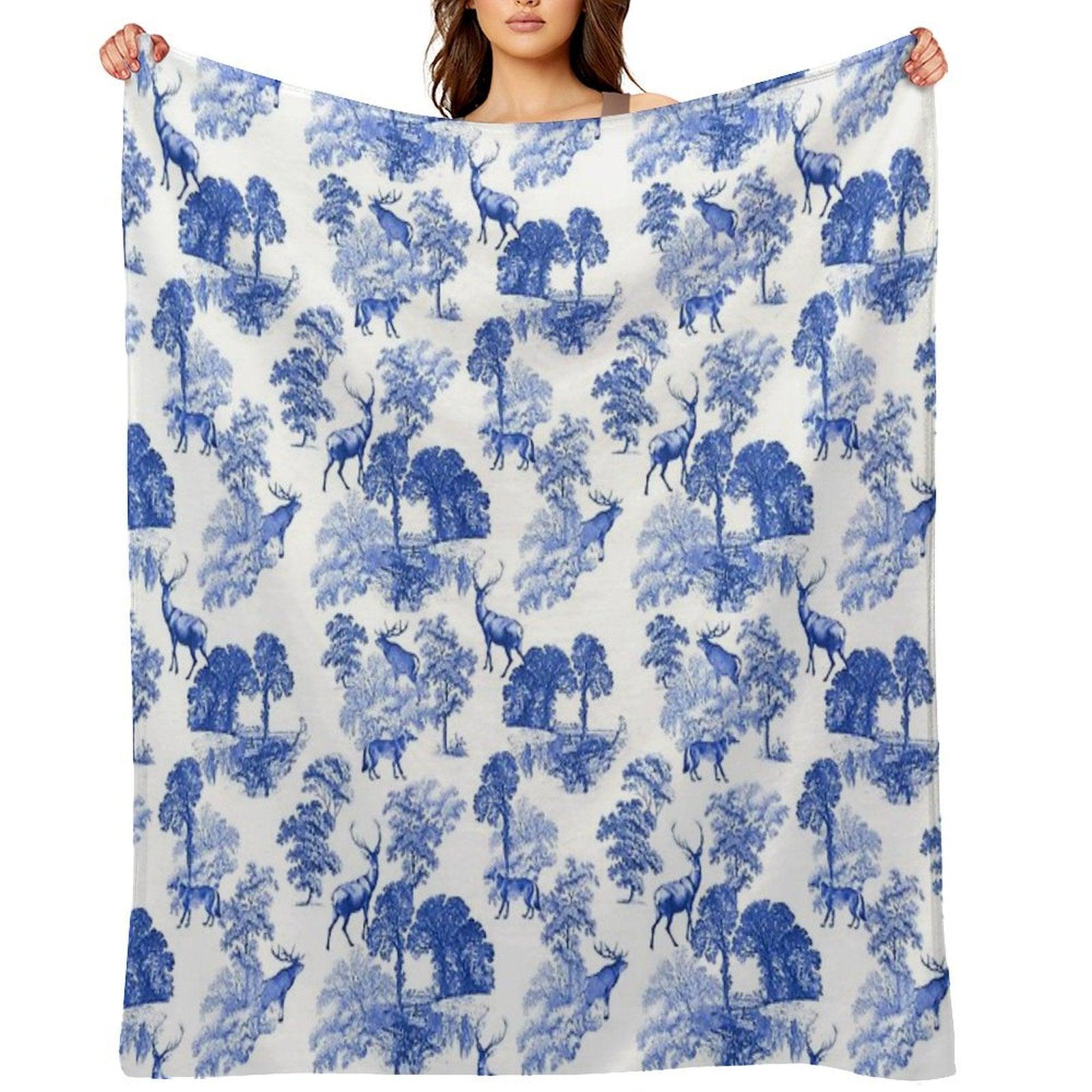 Elegant Vintage Blue Toile Deer in Woodland Throw Blanket