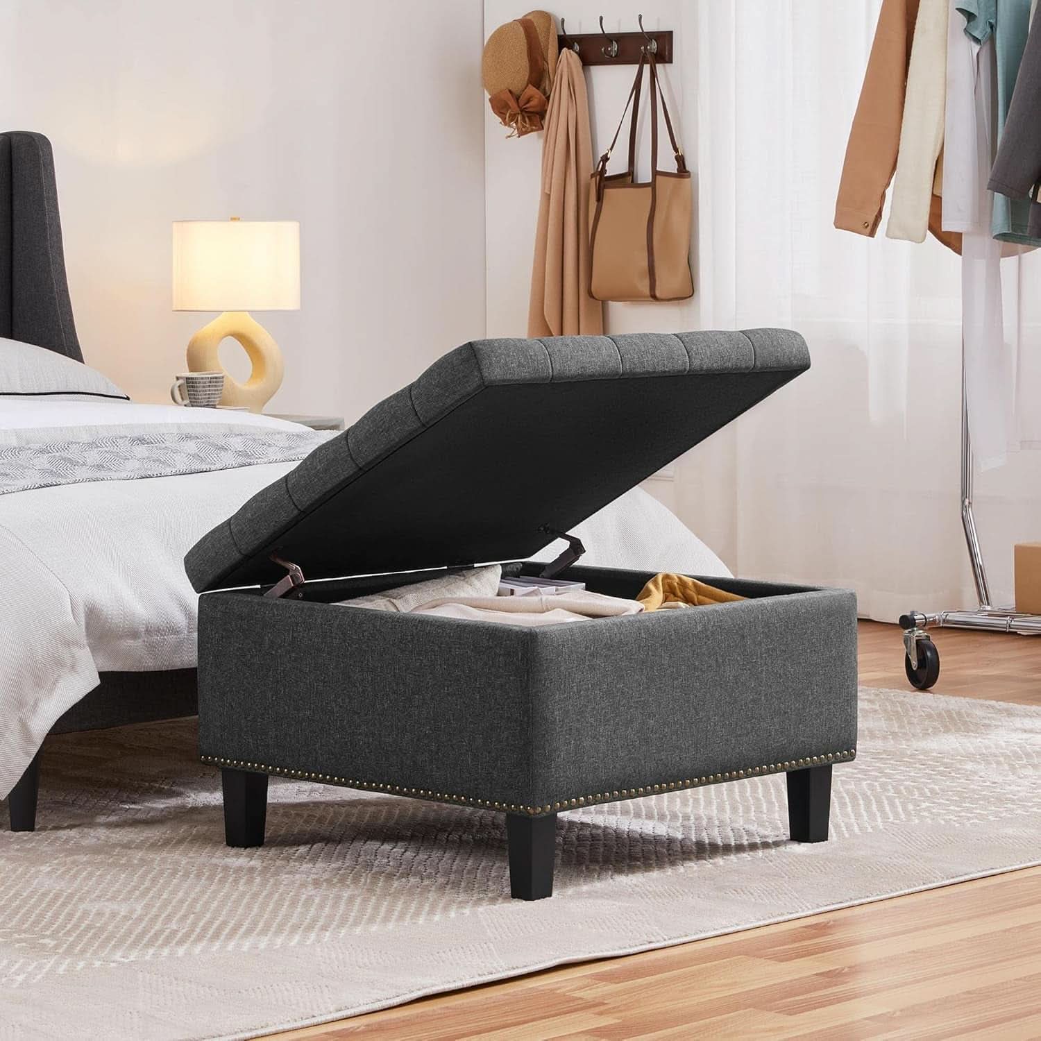 28 Inch Entryway Ottoman Bench Charcoal With Storage