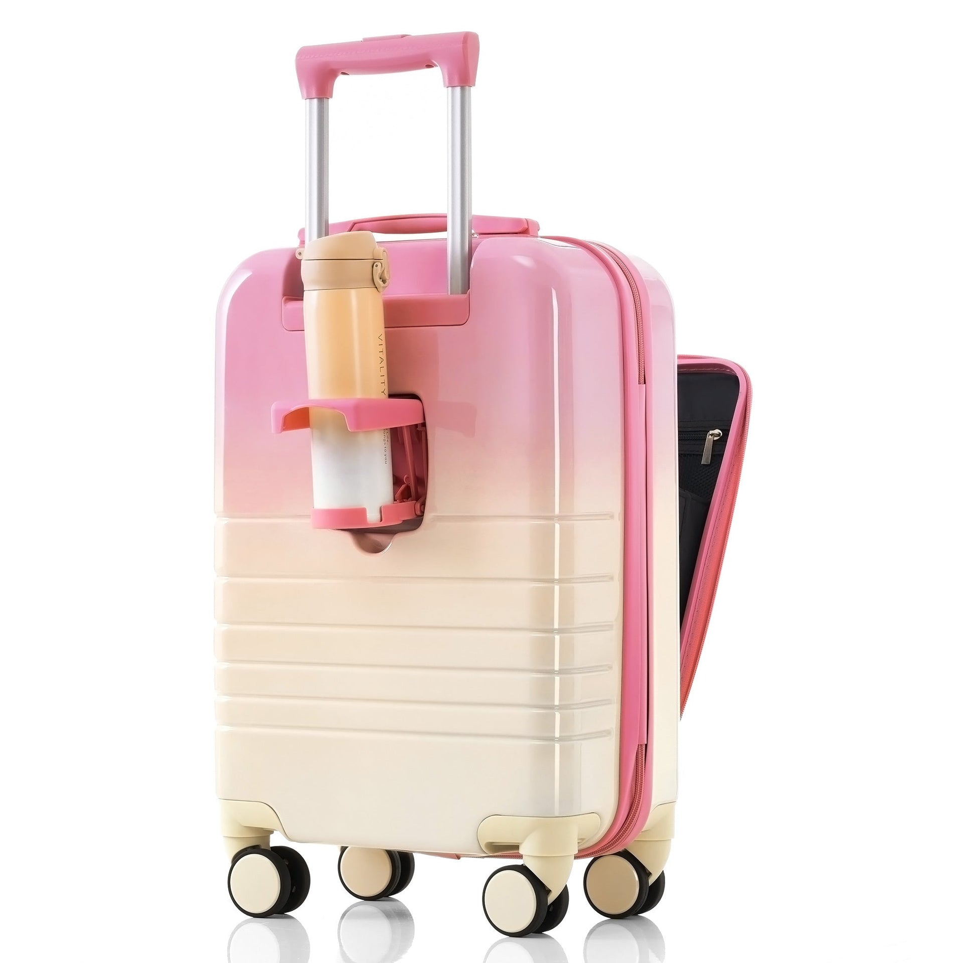 Luggage Set of 3, 20, 24, 28inch with USB Port, 20, 24inch with front opening design Airline Certified Carry on Luggage with Cup Holder, ABS+PC Hard Shell Luggage with Spinner Wheels, pink