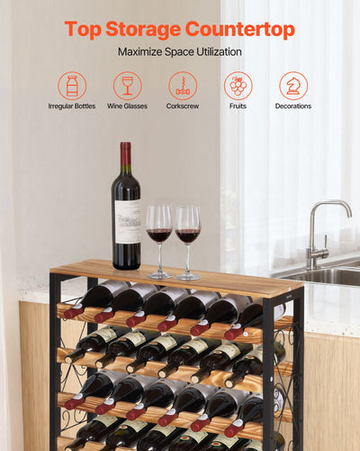 48 Bottle Wine Rack, 8-Tier, Freestanding Floor Display Wine Storage Shelves With Wood Table Top, Easy Assembly, Adjustable Feet, For Kitchen Pantry, Cellar, Bar, Dining Room, Living Room, Black