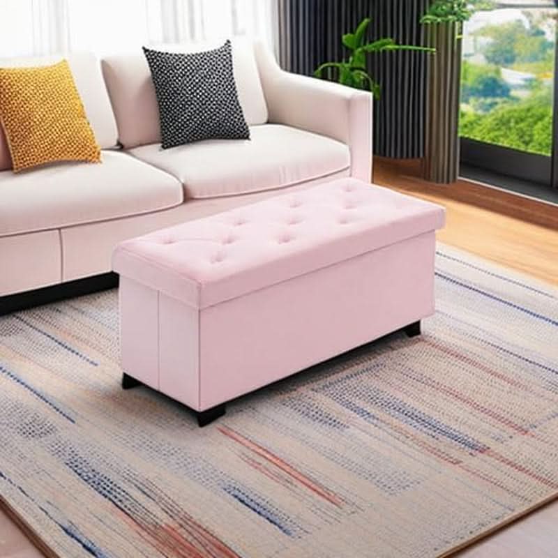 Pink 43 Inch Velvet Lux Foldable Storage Ottoman Bench