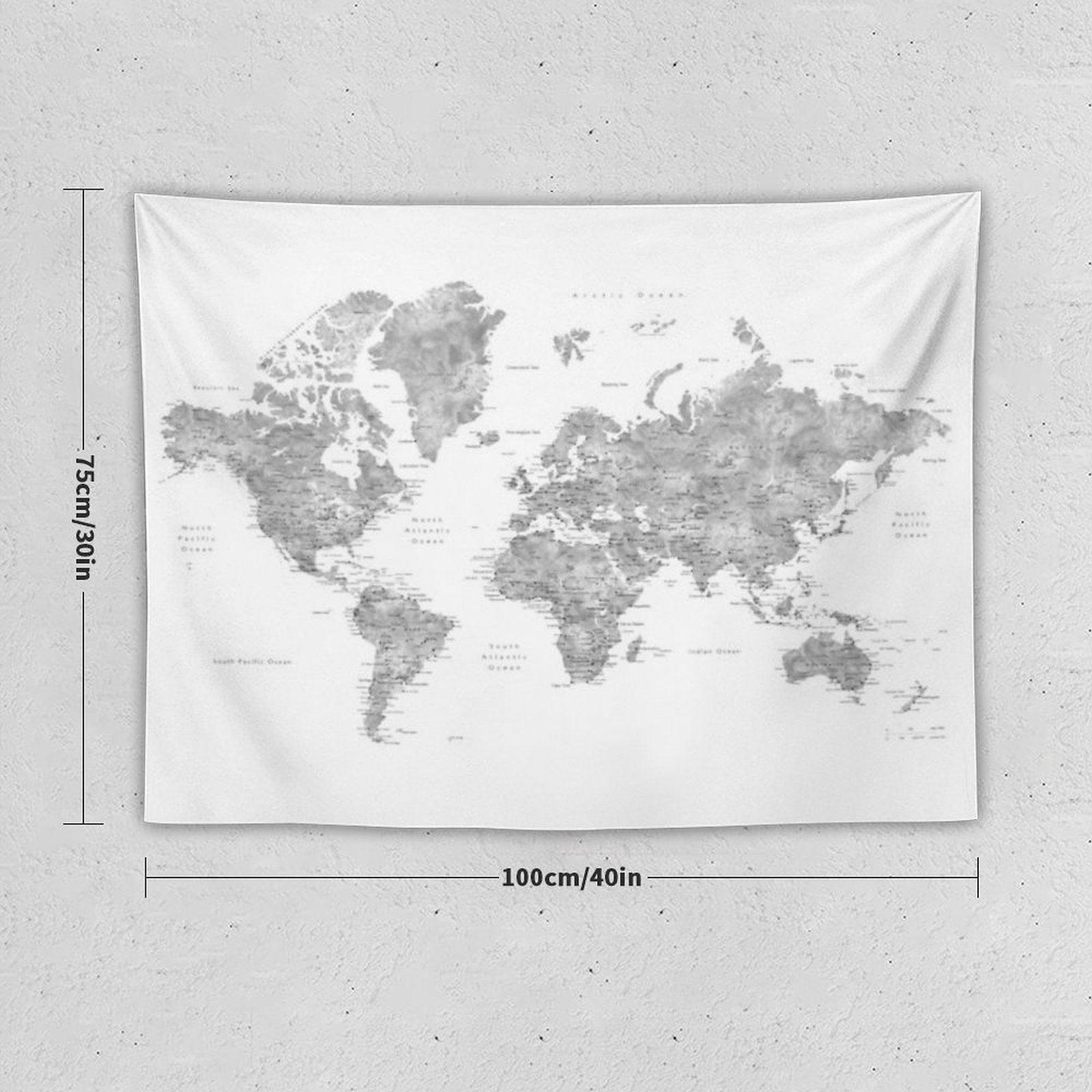Grayscale Watercolor World Map with Cities Tapestry