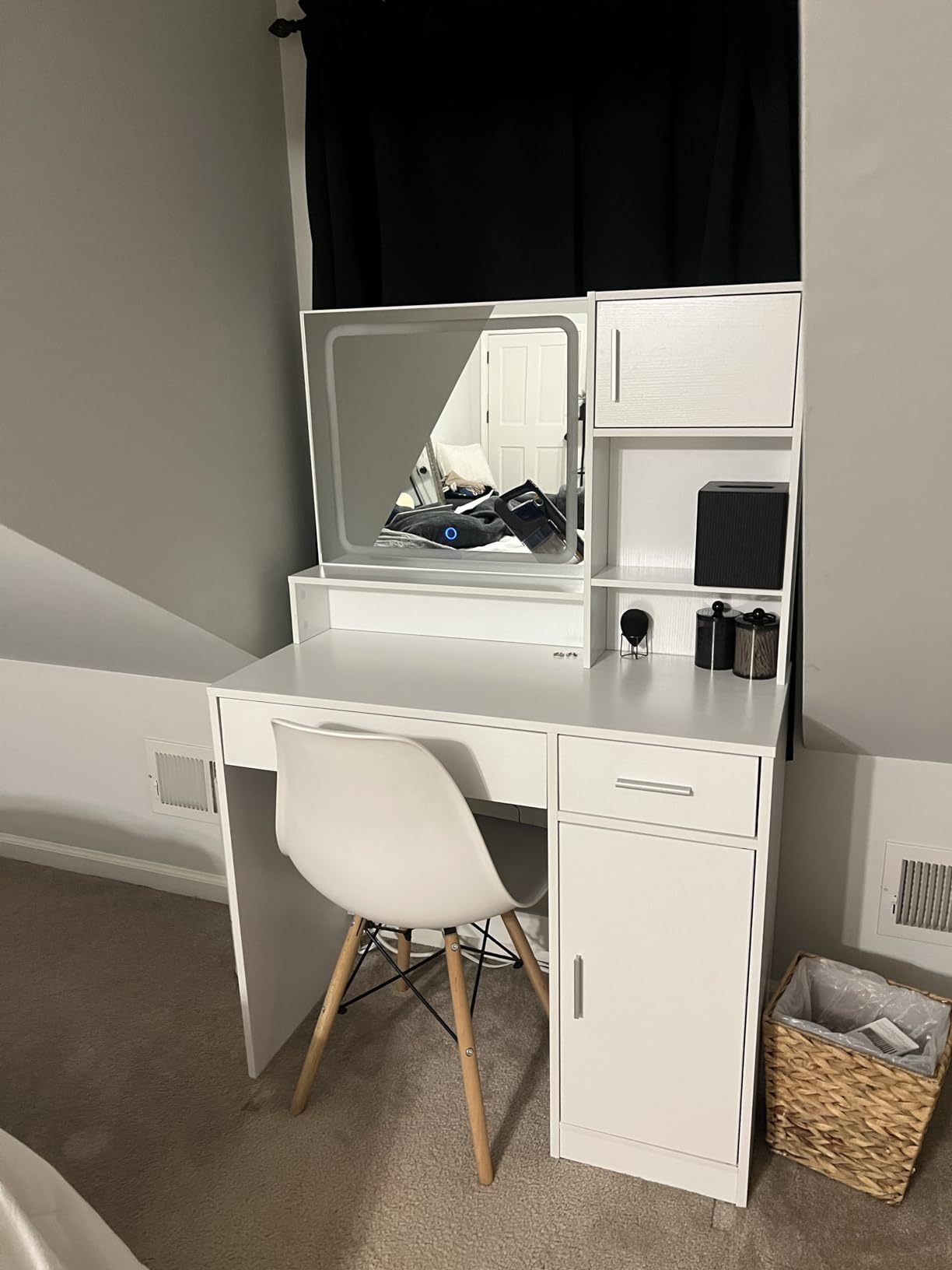 Vanity Desk with Mirror, LED Light Strip, Large Drawer & 3-Level Storage