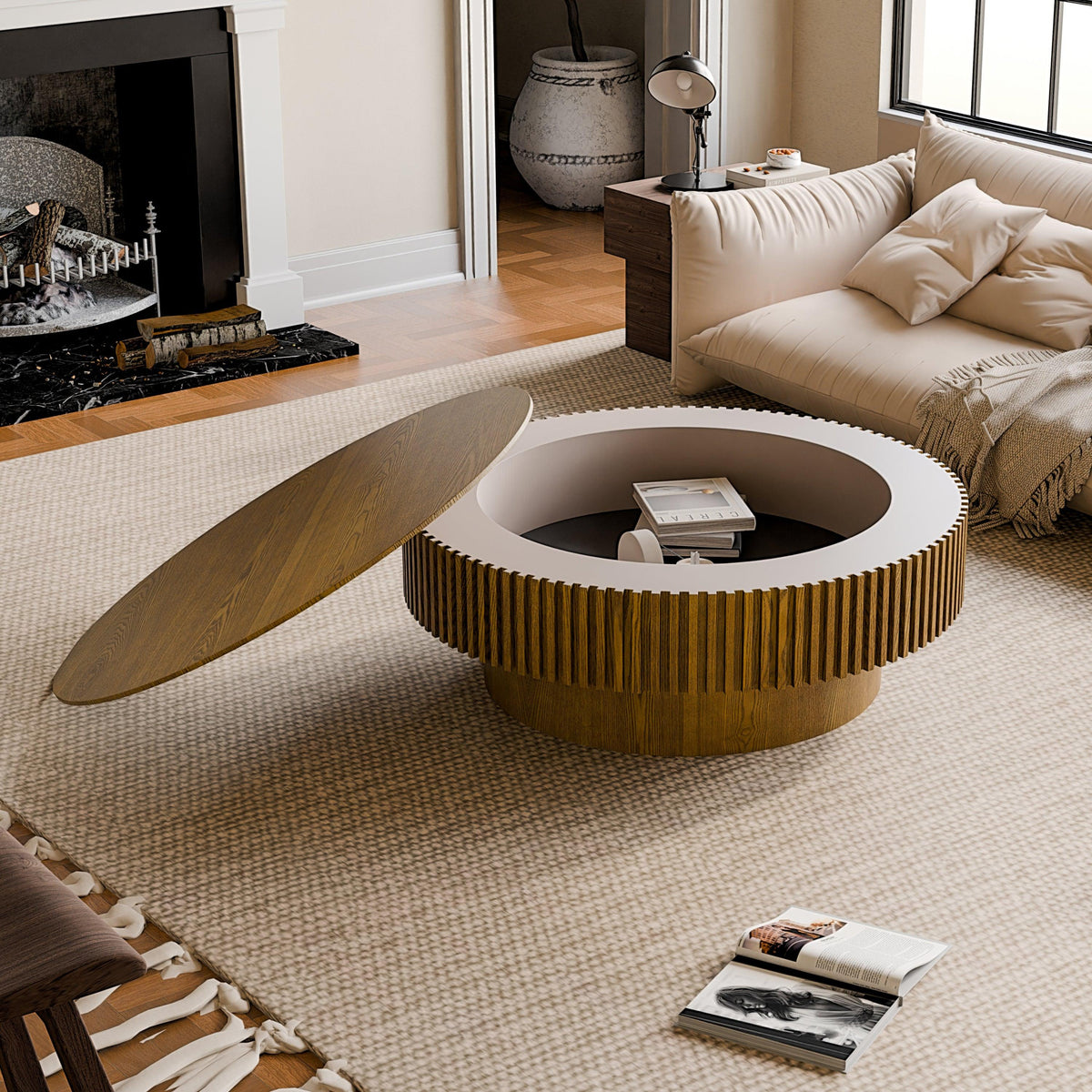 Modern Brown Round Mushroom Coffee Table with Hidden Storage