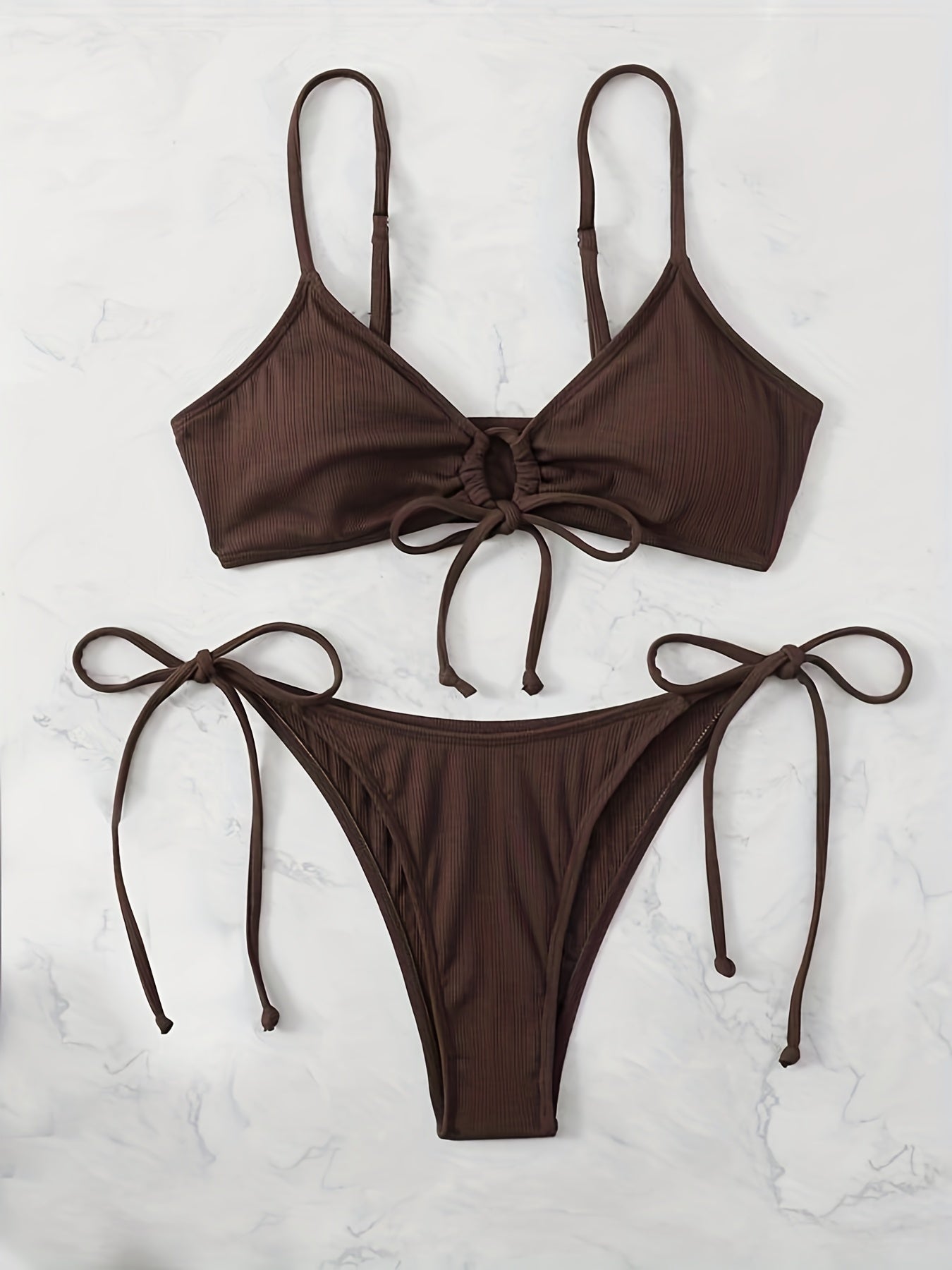 Bikini Solid Rib Knit 2 Piece Swimsuit – Ring Link Tie Front Triangle Bikini Set for Women – Hollow Out High Stretch V-Neck Top with Tie Side Bottoms – Trendy Beach & Pool Swimwear for Summer