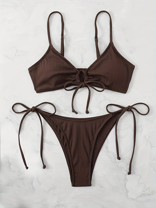 Bikini Solid Rib Knit 2 Piece Swimsuit – Ring Link Tie Front Triangle Bikini Set for Women – Hollow Out High Stretch V-Neck Top with Tie Side Bottoms – Trendy Beach & Pool Swimwear for Summer
